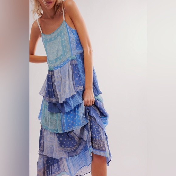 Free People Dresses & Skirts - Free People Indigo Wishes Ruffled Layered Boho Bandana Maxi Dress